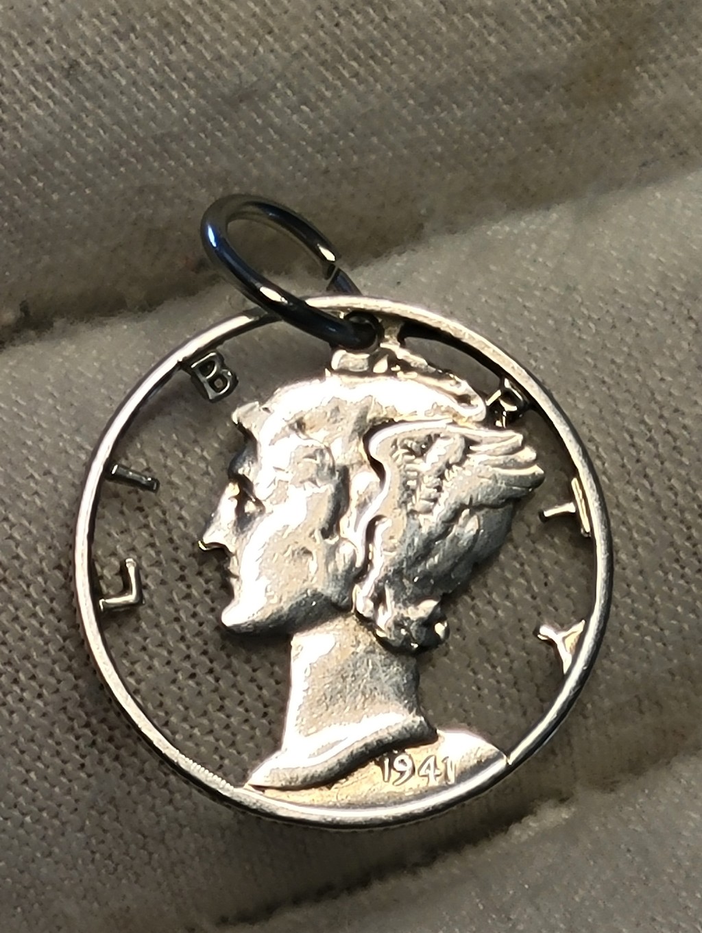 1941  90 Sterling Silver Murcury Dime Cut Out Pendant  Vintage  Unisex